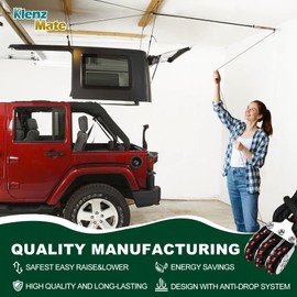 2025 Upgraded Hardtop Removal Lift, Compatible with All Jeep Wrangler JK JL Models, KlenzMate Top Hoist with Safe Anti-Drop System, Easy One-Person Operation, Self-Leveling, Supports 8-16 Ft. Ceiling