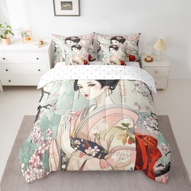 Feelyou Japanese Geisha Girl Comforter Set Queen Size 7 Pieces Cherry Blossoms Bedding Set Japanese Style Japanese Tradition Aesthetic Bed in a Bag with Comforter, Sheets, Pillowcases & Cushion Cover