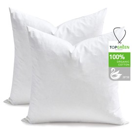 TOPGREEN Feathers Down Pillow Inserts 26x26, Set of 2, Euro Pillow Insert with 100% Organic Cotton Shell, Soft Decorative Throw Pillow for Living Room, Sofa, Couch, or Bed (White)
