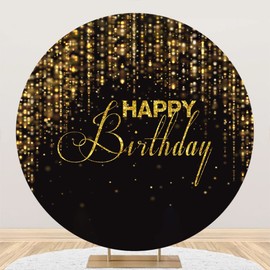 Leyiyi 7.5x7.5ft Happy Birthday Round Backdrop Black and Gold Glitter Bokeh Photography Background Golden Sparkle Sequin Spots Birthday Party Circle Backdrop Cover Photo Studio Booth Props