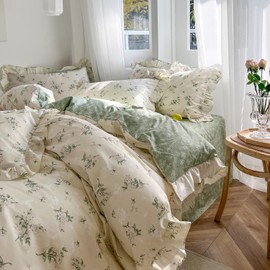 MKXI Botanical Floral Duvet Cover Twin XL Beige Girls Floral Ruffled Bedding Set Cottagecore Flower Comforter Cover Green Reversible Aesthetic Bed Set Cotton Elegant Style Students Duvet Cover