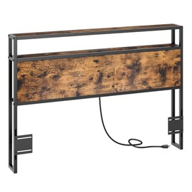 GarveeHome Queen Size Headboard, Headboard with 2 Outlets, LED Lights and USB Ports, Adjustable Height, Storage Rack, Sturdy and Stable, Easy Assembly, Rustic Brown and Black