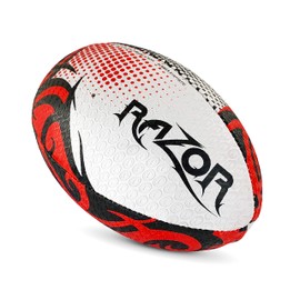 Optimum Razor Rugby Ball - Perfect for Training & Gameplay, Great Flight & Air Retention, Rubber Dimpled Surface for Grip, 2-Ply 410g - Black/Red/White -Size 3 - With Pump