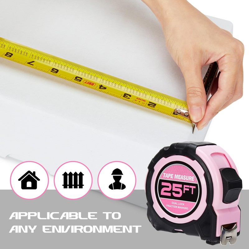 2 Pcs Tape Measure Pink,25FT Dual Lock, Fraction Marking