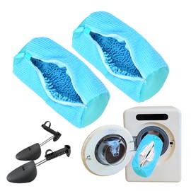 XiangLongRui Shoe Washing Machine Bag，laundry shoe bag for washer and dryer,AroundReusable Shoe Zipper Washing Bag for All Shoe Types and Sizes,with 1 Pairs of Adjustable Shoe Trees(Blue 2pcs)