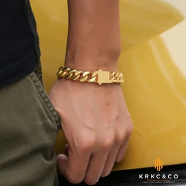 KRKC&CO 12mm Cuban Link Bracelet Men’s Flat Bracelet, 18K Gold Plated Stainless Steel, Anti-Tarnish Anti-Allergies, Miami Chains Hip Hop Jewelry Bracelets for Men Homme(18K Gold Plated, 8)
