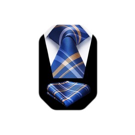 HISDERN Mens Tie Royal Blue Ties for Men with Pocket Square Set Formal Blue Gold Striped Plaid Necktie for Wedding Party