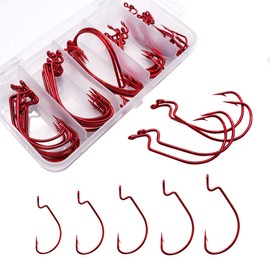 INMOFN Offset Worm Hooks for Bass Fishing 50pcs High Carbon Steel Wide Gap Bait Jig Salt or Freshwater Gold/Red Fishing Hooks for Bass Trout with Box 5 Size #1/0-5/0 (Red)