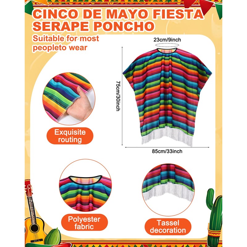 Panitay 24 Pcs Mexican Poncho and Sombrero Set Fiesta Necklaces