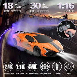 Remote Control Car RC Drift Car 1:16 Scale 4WD 18KM/H High Speed Model Vehicle 2.4GHz with LED Lights Spray Rubber Tire Racing Sport Toy for Adults Boys Girls Kids Gift 2Pcs Rechargeable Batteries