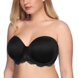Exclare Women's Strapless Bra Full Coverage Plus Size Underwire Padded Anti-Slip Multi-Way Contour Convertible Lace(38DDD, Lace Black)