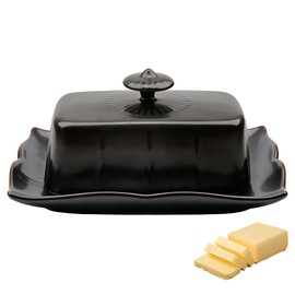 Porcelain Butter Dish with Lid for Countertop, Farmhouse Butter Holder Container with Luxurious Handle, Large Butter Keeper for East West Coast Butter - Dishwasher Safe (Black)