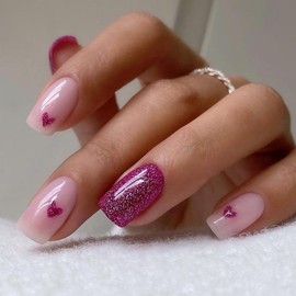 Medium Length Press on Nails Valentine's Day Fake Nails Square Acrylic Glossy False Nails with Rose Glitter Love Heart Glue on Nails Design Artificial Full Cover Stick on Nails for Women & Girls 24Pcs