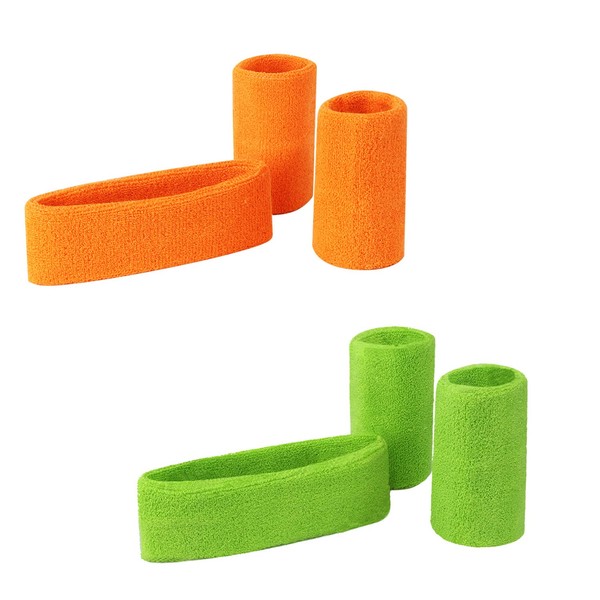 6-Piece Set of Fluorescent Green and Orange Sweatbands Including Sports