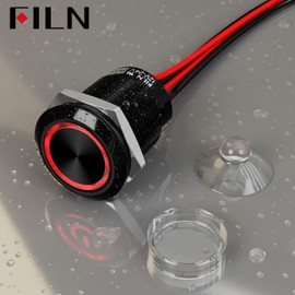 FILN - 2Pcs Black Plated Latching Pushbutton Switch Power Button Includes 180 Replacement Symbols 12V Switch 19mm Mounting Hole 20A IP67 Waterproof Switch for Cars, Boat, Easy Installation (Red)