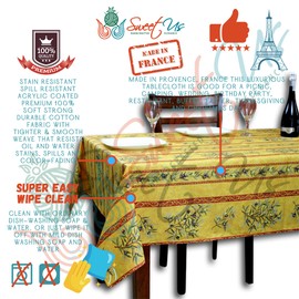 La Cigale Oliviere Wipeable Tablecloth Spill Resistant Acryllic Coated, Floral Cotton French Provencal Tablecloth for Rectangle Tables, fordoor and Outdoors, Yellow, 60 x 136