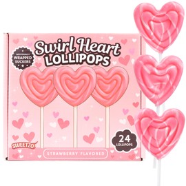 Sweetzo Swirl Lollipops, Individually Wrapped Suckers, Birthday Party Candy, Strawberry Flavored - 24 Pieces (Pink Heart)