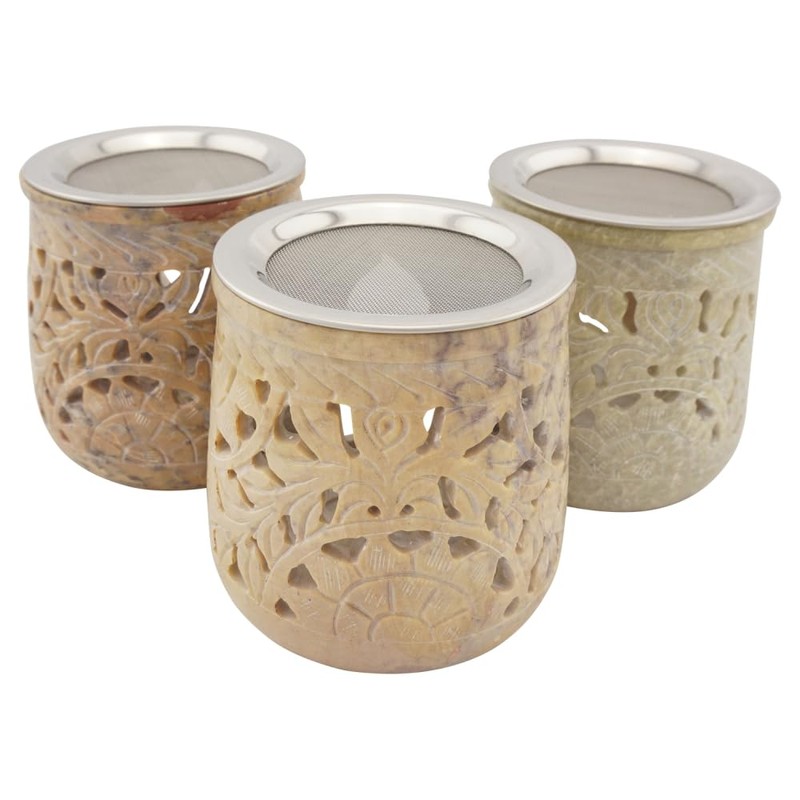 Indian Soapstone Incense Burner with Stainless Steel Strainer and Metal