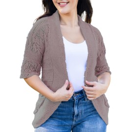 Loxdonz Women's Short Sleeve Crochet Knitted Bolero Shrug Cardigan Cropped Sweater (Large, Mocha)