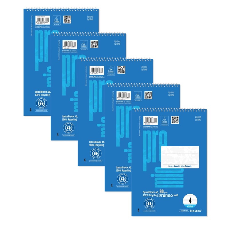Staufen Premio Spiral Notepad - 5 Pads 40 Sheets Each