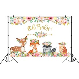 Pink Girl Woodland Animals Baby Shower Backdrops for Photography Watercolor Floral Jungle Animals Oh Baby Background Boho Theme Safari Newborn Baby Birthday Party Supplies Photo Booth Props 5x3ft