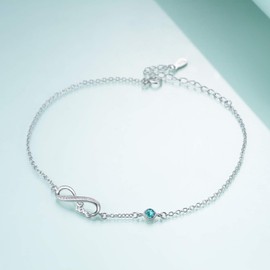 Infinity Ankle Bracelet for Women, 925 Sterling Silver Charm Adjustable Anklet 9+2'' (Simulated Blue Zircon)