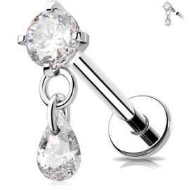 MeIighting 16G Internally Threaded Helix Stud Stainless Steel 316L Flat Back Earring Teardrop 6 mm Cartilage Earring Dangle Clear CZ Helix Piercing Helix Earring