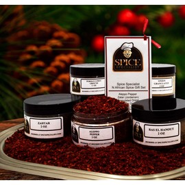 North African Spice Gift Set- Contains: 5 different spice jars (1 each of: Zatar (Jordanian), Ras Al Hanout, Aleppo Pepper, Persian Lime Granules and Granulated Onion)
