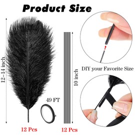 Lyrow 25 Pcs Black Ostrich Feathers Bulk Plumes 10-12 Inch (25-30 cm) Include 12 Pcs Natural Feathers for Vase 12 Stick and Tape for DIY Crafts Wedding Masquerade Party Centerpiece Decoration