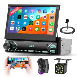 Single Din Car Radio Flip Out Touch Screen, 7 inch Touchscreen Car Radio with Bluetooth Car Audio Receivers, Support Bluetooth/Mirror Link/USB/Type-c/EQ/FM/SWC/Backup Camera