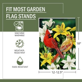 Furiaz Decorative Cardinal Flower Spring Small Garden Flag Double Sided, Red Yellow Birds Home Floral Lily Burlap Outside House Yard Decoration, Summer Green Seasonal Outdoor Décor Flag 12.5 x 18