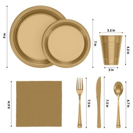 350 Pcs Gold Plastic Plates For Party, Gold Disposable Plates Set, 50 Of Each 9" Dinner Plate Set, 7" Dessert Plate, Cups, Napkins & Cutlery Plastic Dinnerware Exquisite