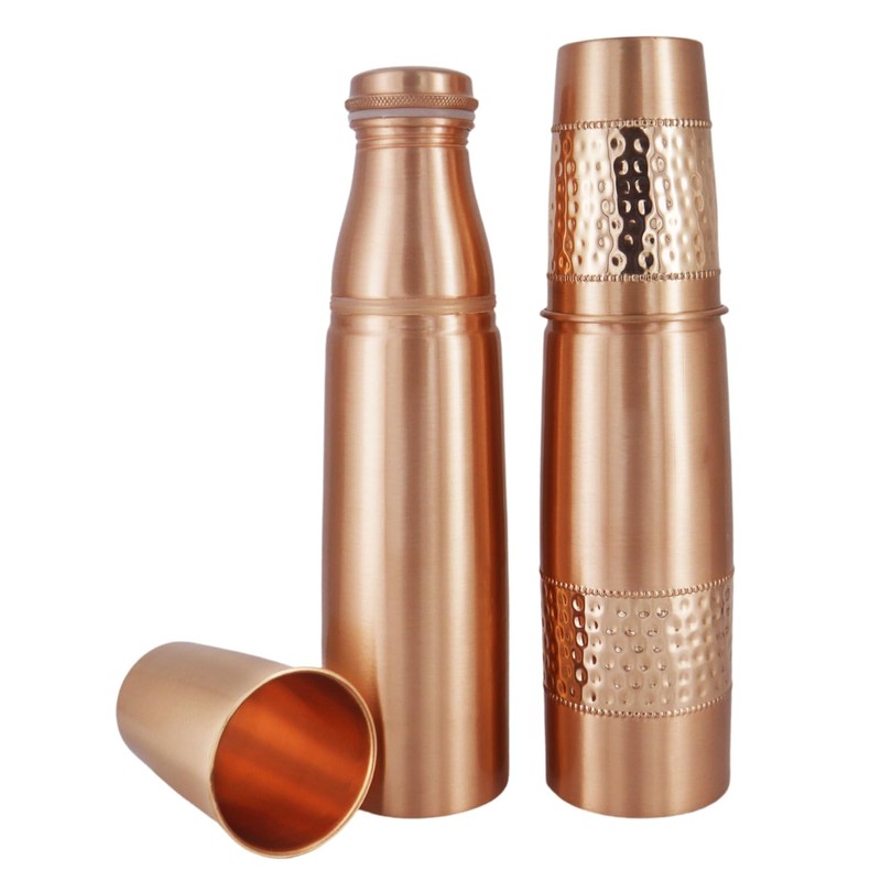 Set of 2 Copper Water Bottles With Copper Tumblers For