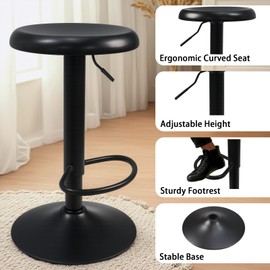 KBISHTIE Adjustable Bar Stools Set of 2, Backless Swivel Round Counter & Bar Height Chairs, Modern Black Metal Frame Barstools for Kitchen Island, Dining Room, Home Bar, Black