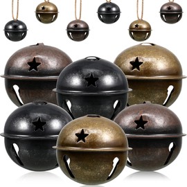Christmas Bells Large Big Size, Christmas Star Cutout Colorful Sleigh Bell Ornament Metal Craft Bells for Gift Wrapping Christmas Tree Decor Wreath Christmas (Red, Green, Black Bronze,12 Pcs)
