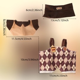 Coffee Color Rhombus Doll Clothes, Cute Plush Outfit Overalls Rhombus Strap Set with Headgear & Coat Vintage Clothing Accessories Set for 6.69in Dolls