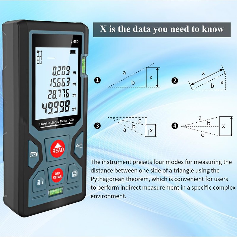 Tiardey Rangefinder,LM50 50M Digital Laser Distance Measurer With LCD Backlight