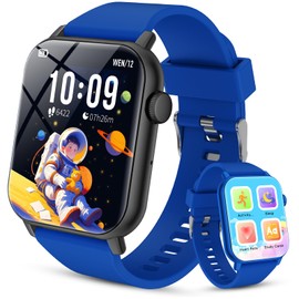 Kids Smart Watch with HD Touch Screen, IP68 Waterproof, Smart Watch for Kids with Puzzle Games, Step Counter, Heart Rate, Sleep Monitor, Flashlight, Music Player,Gift for Boys 8-12(Blue and Black)