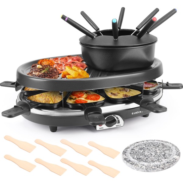 CosCosX Fondue Pot Set, Electric Fondue Pot Sets with BBQ Grill, Portable Korean BBQ Grill with Raclette Grill Plate, 8 Fondue Forks, 8 Small Nonstick Pans Temperature Control for 8 People Parties