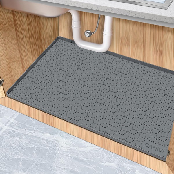 Under Sink Mat for Kitchen Waterproof, CANIVI 34" x 22" Silicone Under Sink Liner, Up to 3.3 Gallons Liquid, Cainet Shelf Protector, Flexible Kitchen Laundry Cabinet Mat-Fits 36" Stand Cabinets Grey