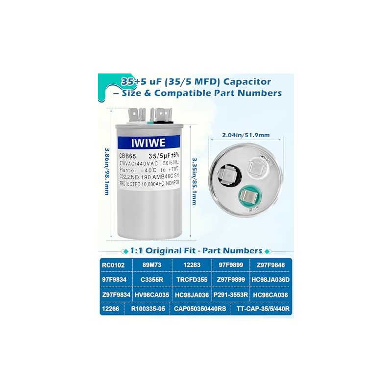 IWIWE 35+5 uF (35/5 MFD) ± 5% 370/440VAC CBB65/CBB65B Condensador