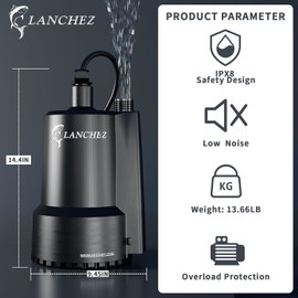 LANCHEZ 1/2 HP Portable Submersible Water Sump Pump Remove Water Level Down to Last-inch, 2301GPH Handy Utility Pump with 16FT Cord for Swimming Pool Garden Pond Basement Tub Pond Draining