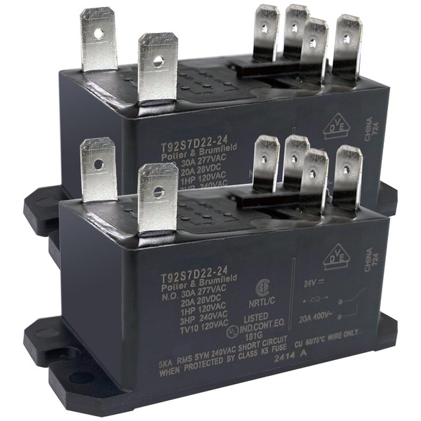 2-Pack T92S7D22-24 Power Relay - 30A 24VDC DPST-NO - Compatible