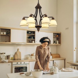 Ganeed Vintage 6-Light Chandeliers for Dining Room, Oil Rubbed Bronze Finish & Frosted Glass Shades, 26.7" Adjustable Farmhouse Ceiling Hanging Light Fixtures Pendant for Kitchen Island, Living Room