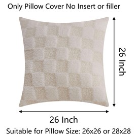 Demetex 26x26 Checkered Pillow Covers Beige Plush Throw Pillows for Couch Decorative Plaid Euro Shams for Living Room Bedroom Sofa Chair, Set of 2, 26 x 26 inch, Cream