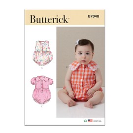 Butterick B7048A Babies' Button-Down Rompers Sewing Pattern Packet, Design Code B7048, Sizes XS-S-M-L