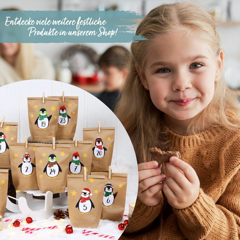 Papierdrachen DIY Adventskalender Kraftpapier Set - Pinguine zum Aufkleben -