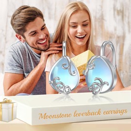 POPLYKE 925 Sterling Silver Teardrop Opal Leverback Earrings Hoop Earrings for Women Birthday Gifts, Sterling Silver, Moonstone