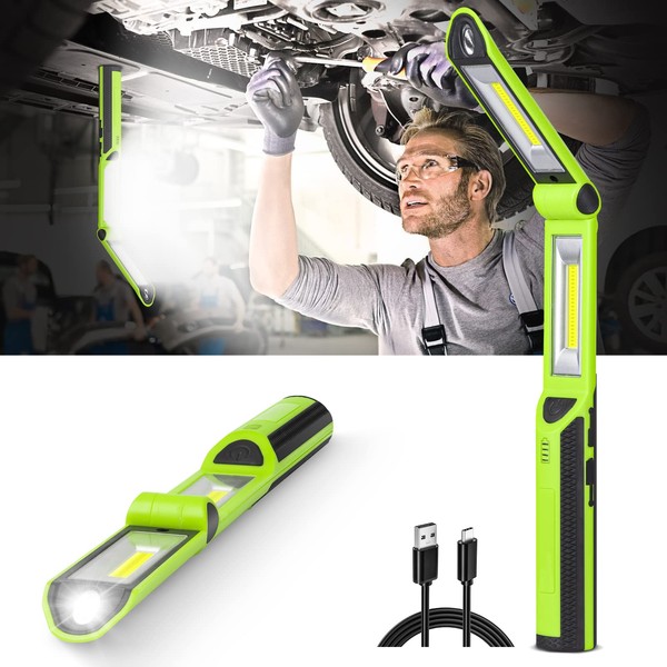 Work Light, Rechargeable LED Work Light 1500 Lumens, Portable Magnetic Work Light 180° Rotate 3 Modes, with 4 Magnetic Base and Hook Mechanic Light for Under Hood/Car Repairing/Inspection (Green)