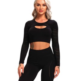 FITTOO Women's Long Sleeves Croped Workout Tops Eyelet Sports Shirts Black L